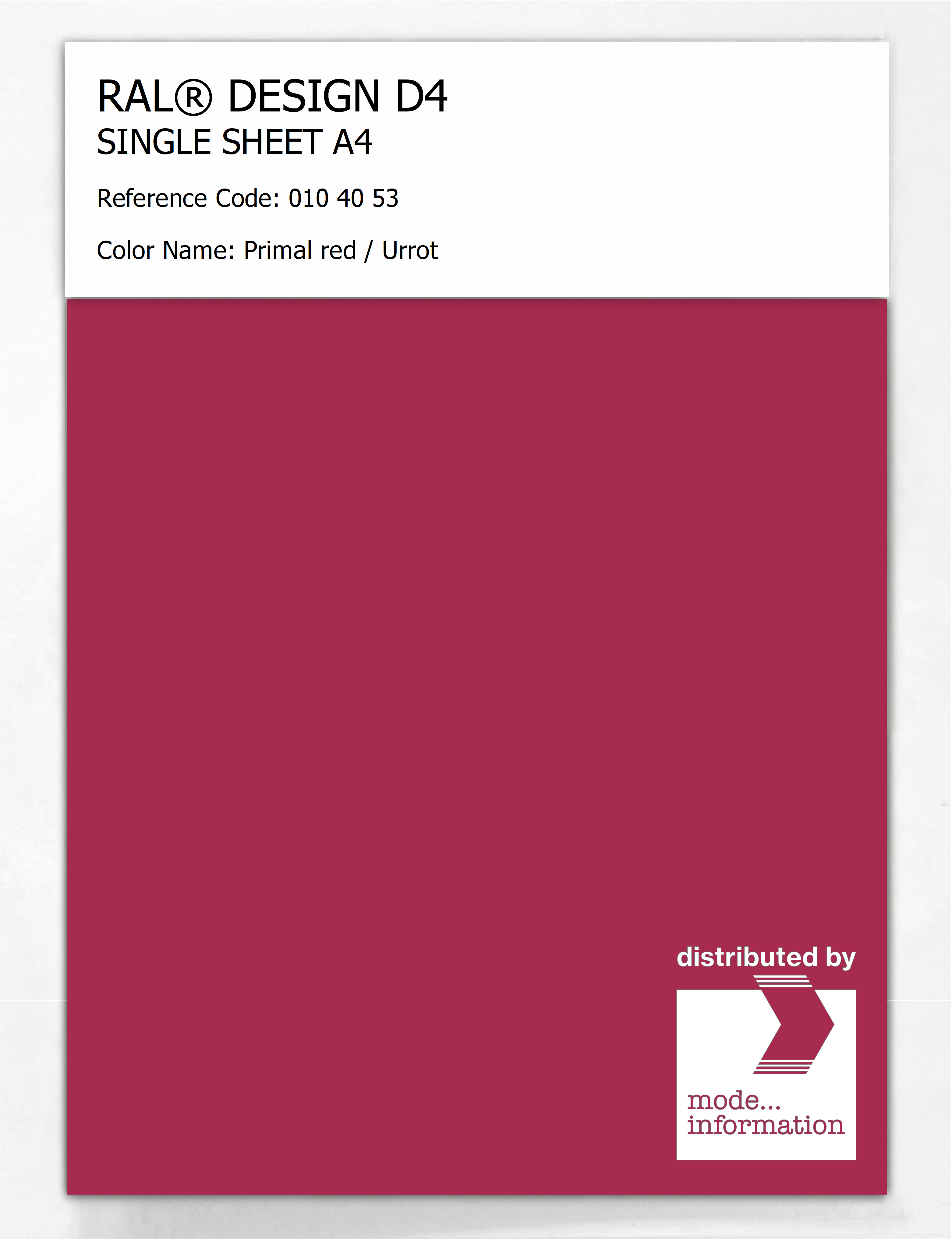 Product image 1 of the product “RAL® DESIGN D4 SINGLE SHEET A4 010 40 53 Primal red / Urrot ”