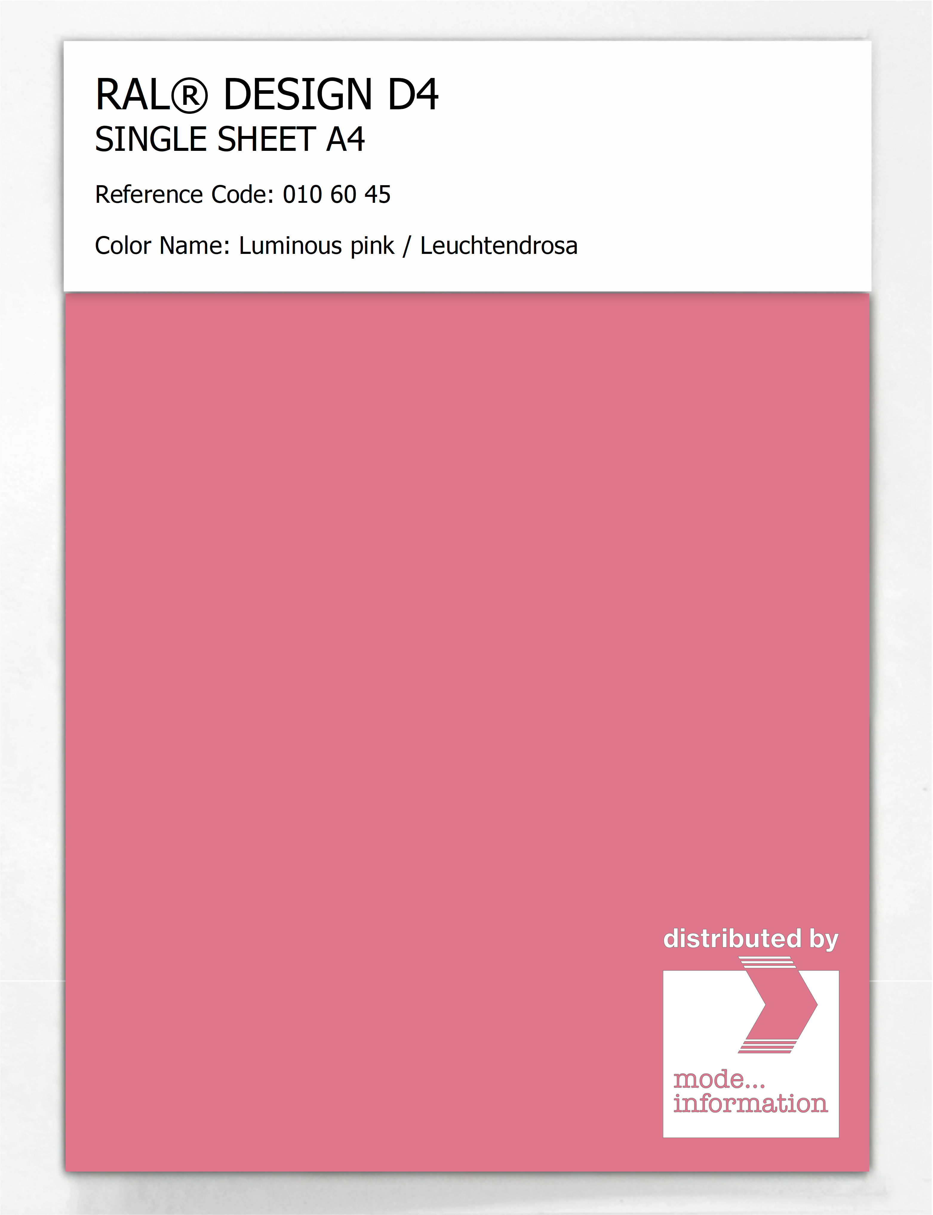 Product image 1 of the product “RAL® DESIGN D4 SINGLE SHEET A4 010 60 45 Luminous pink / Leuchtendrosa ”