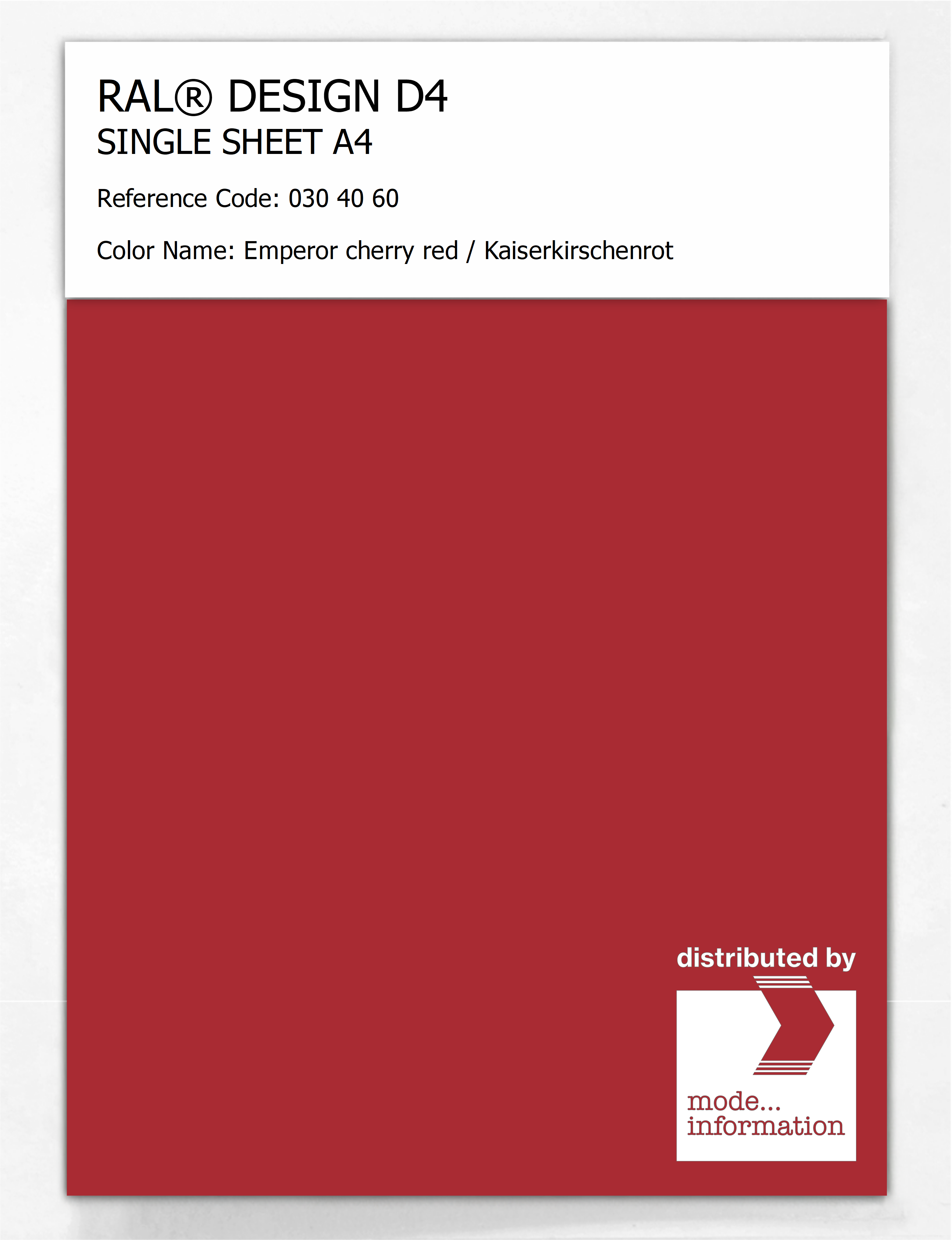 Product image 1 of the product “RAL® DESIGN D4 SINGLE SHEET A4 030 40 60 Emperor cherry red / Kaiserkirschenrot ”