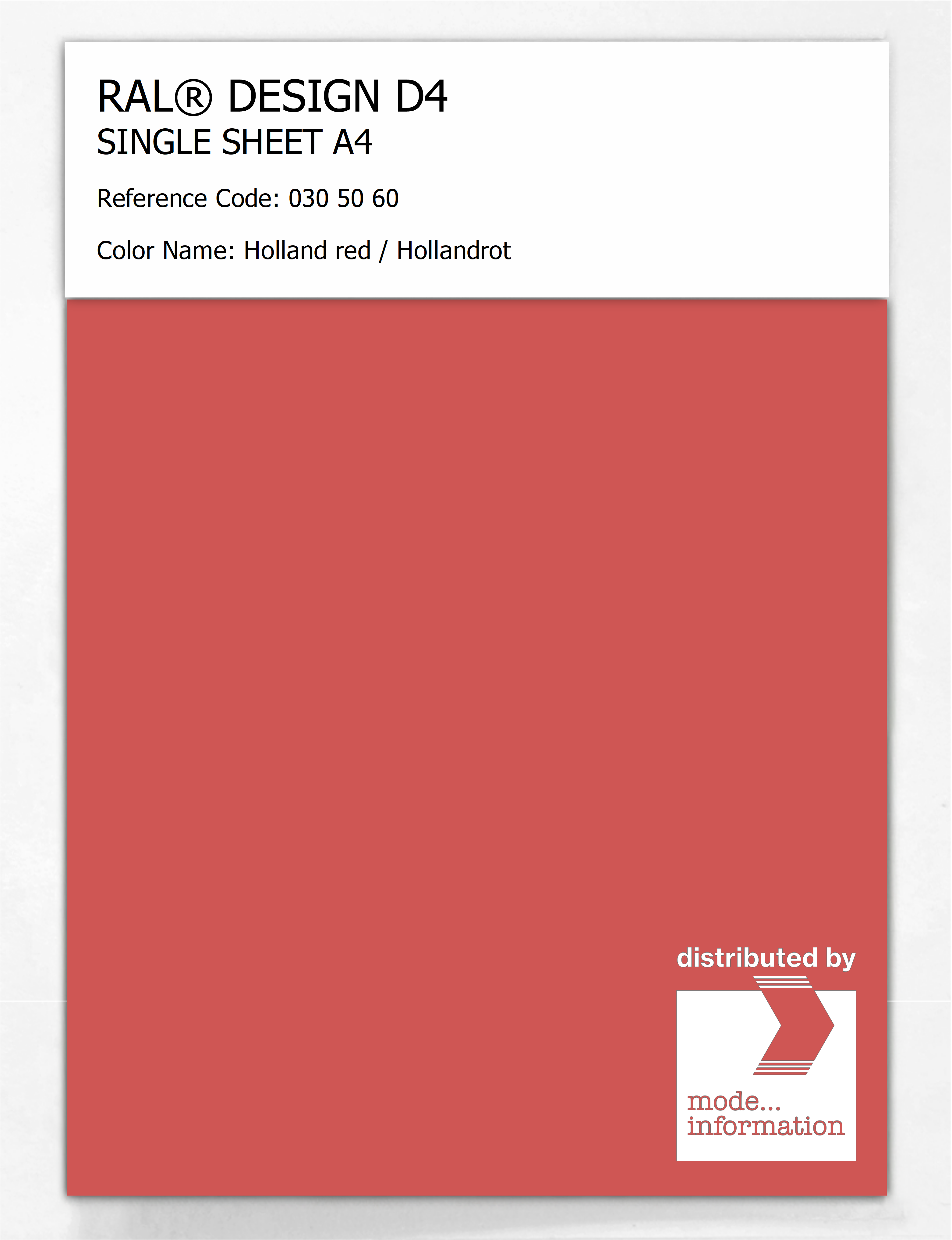 Product image 1 of the product “RAL® DESIGN D4 SINGLE SHEET A4 030 50 60 Holland red / Hollandrot ”