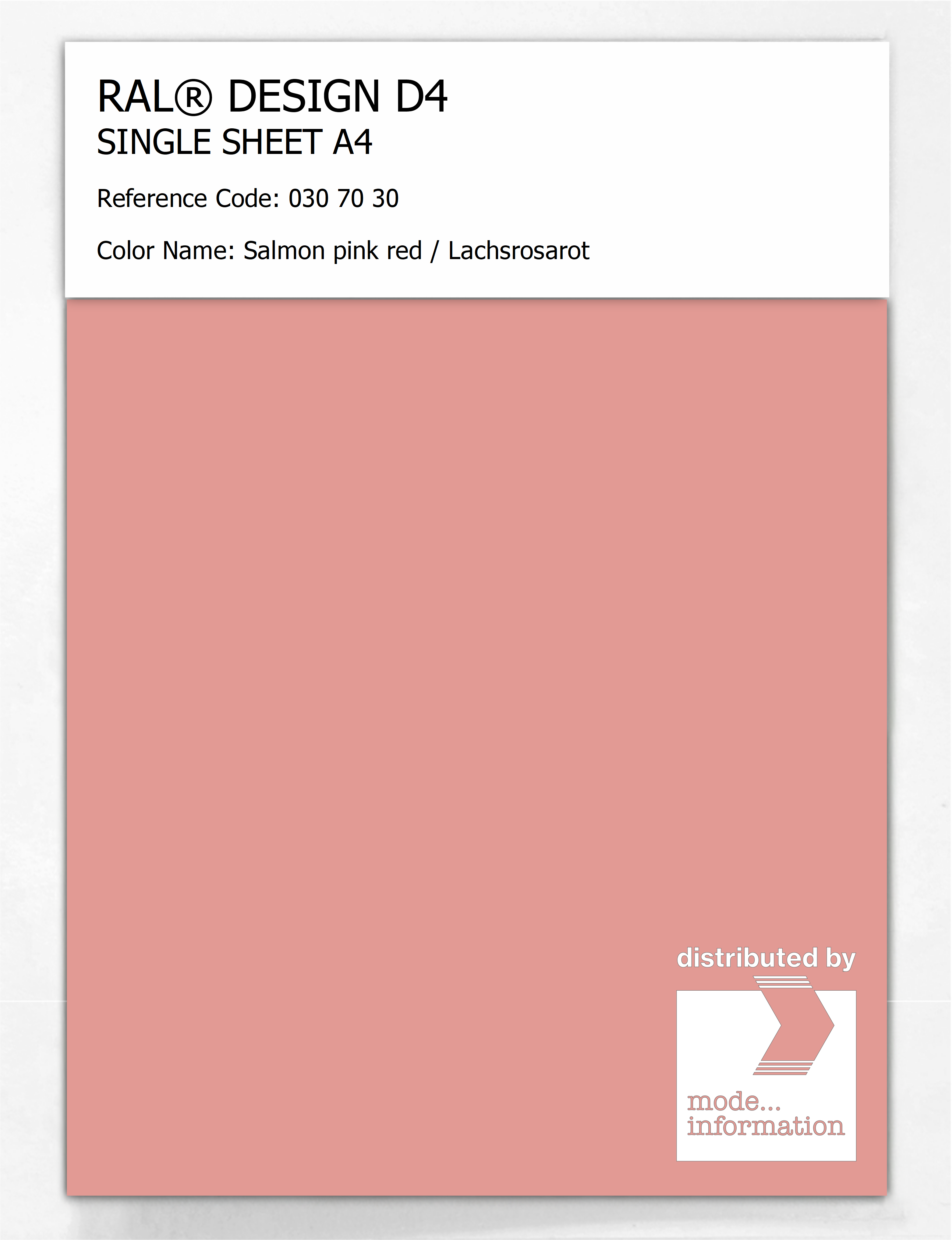 Product image 1 of the product “RAL® DESIGN D4 SINGLE SHEET A4 030 70 30 Salmon pink red / Lachsrosarot ”