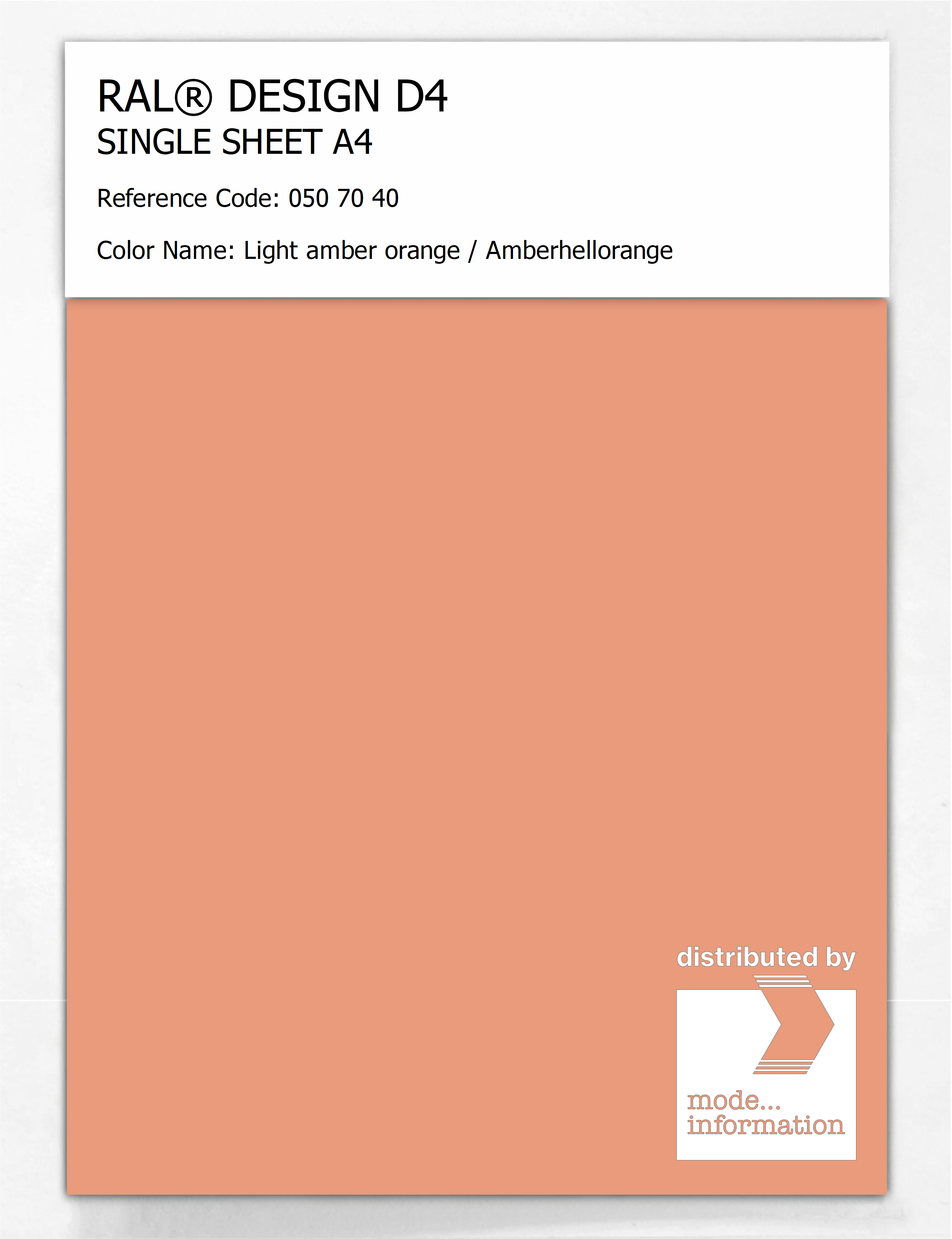Product image 1 of the product “RAL® DESIGN D4 SINGLE SHEET A4 050 70 40 Light amber orange / Amberhellorange ”