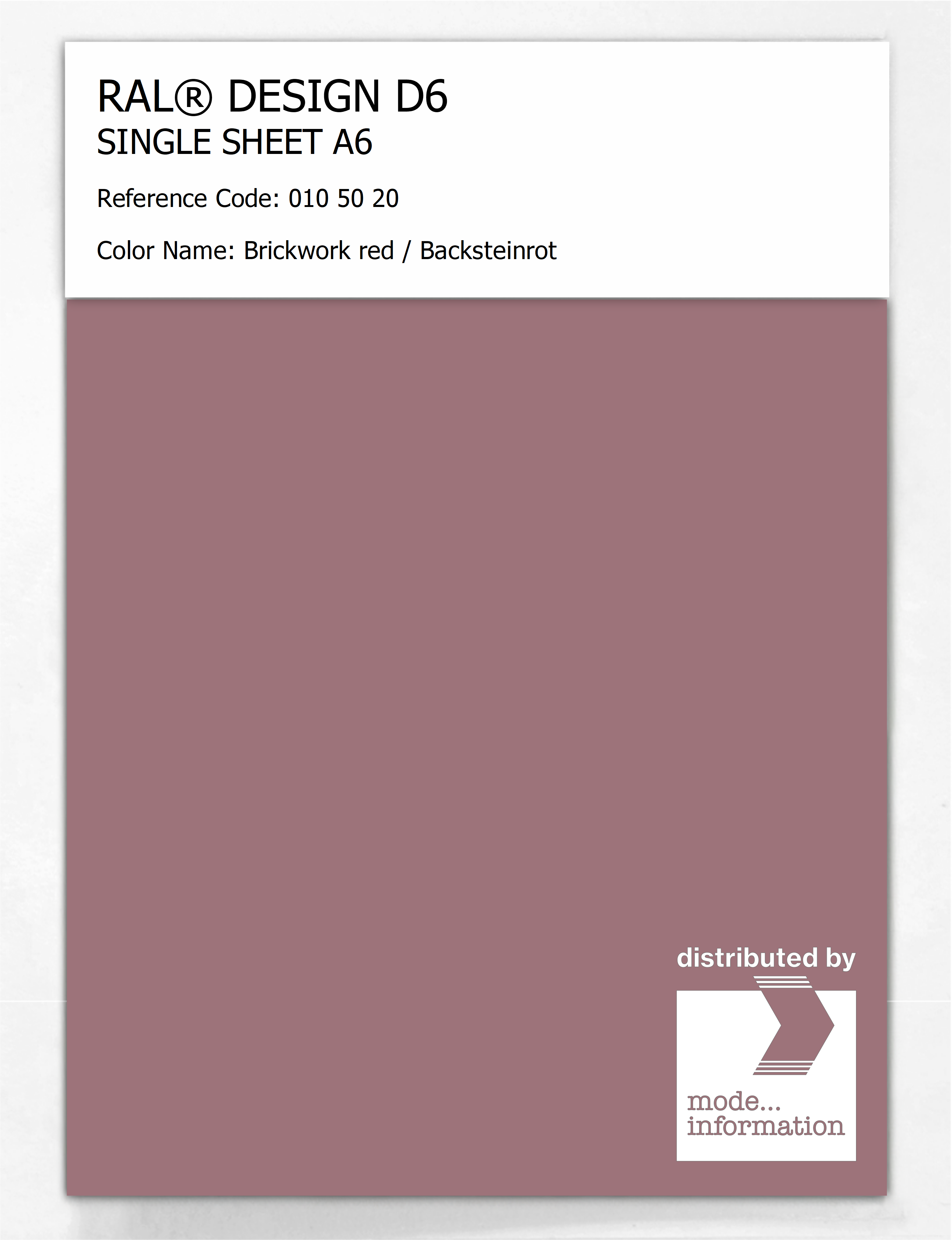 Product image 1 of the product “RAL® DESIGN D6 SINGLE SHEET A6 010 50 20 Brickwork red / Backsteinrot ”