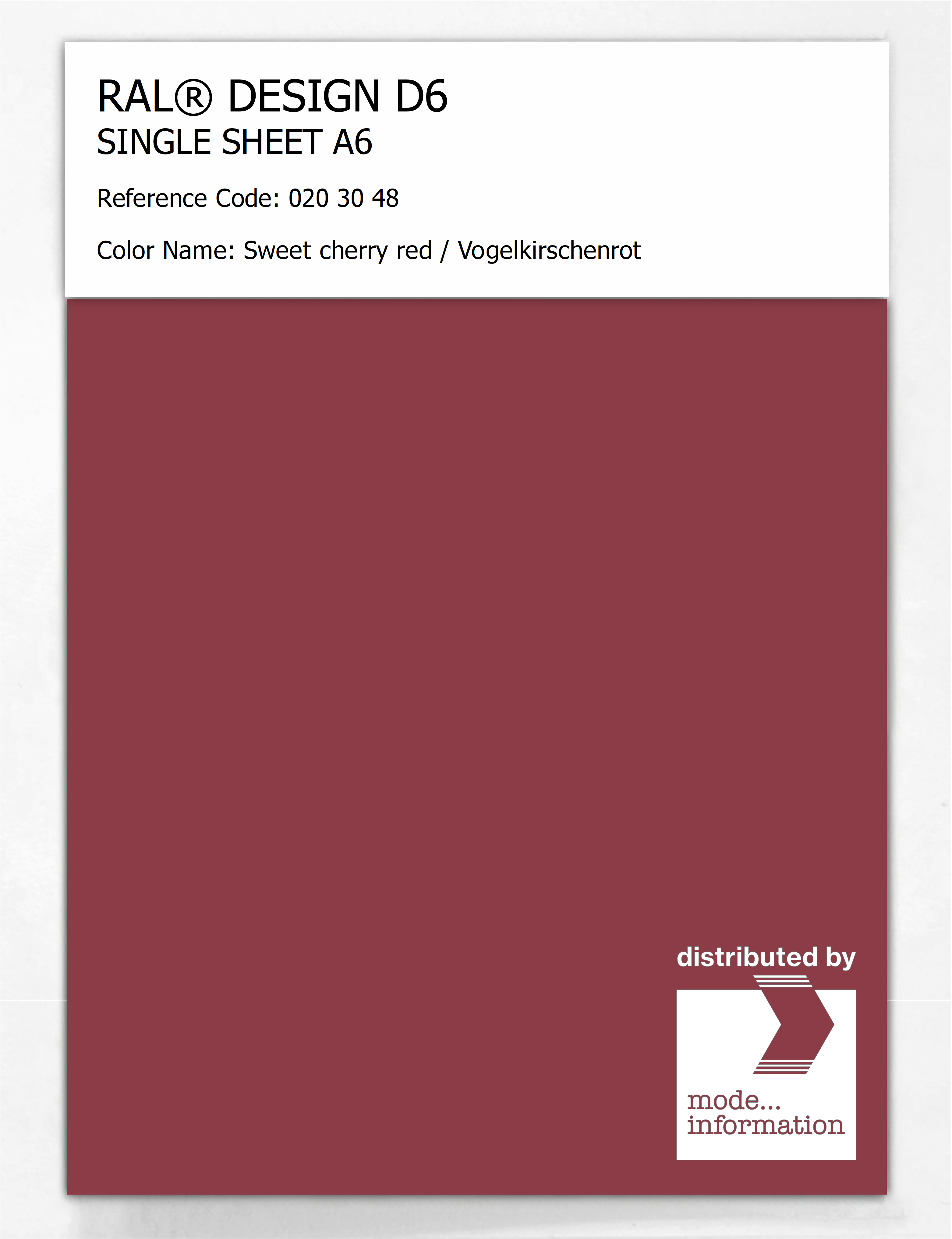 Artikelbild 1 des Artikels “RAL® DESIGN D6 SINGLE SHEET A6 020 30 48 Sweet cherry red / Vogelkirschenrot “