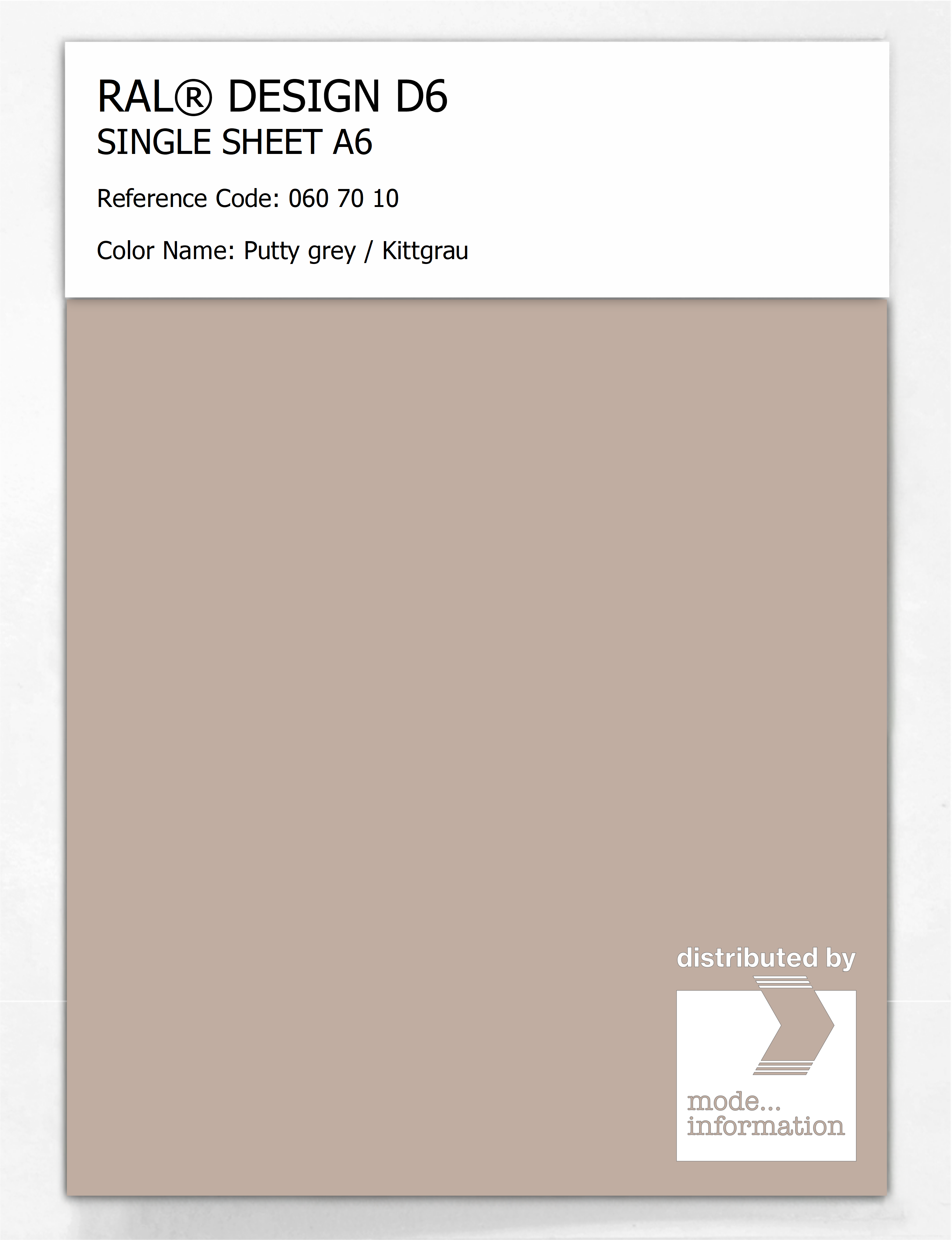 Product image 1 of the product “RAL® DESIGN D6 SINGLE SHEET A6 060 70 10 Putty grey / Kittgrau ”