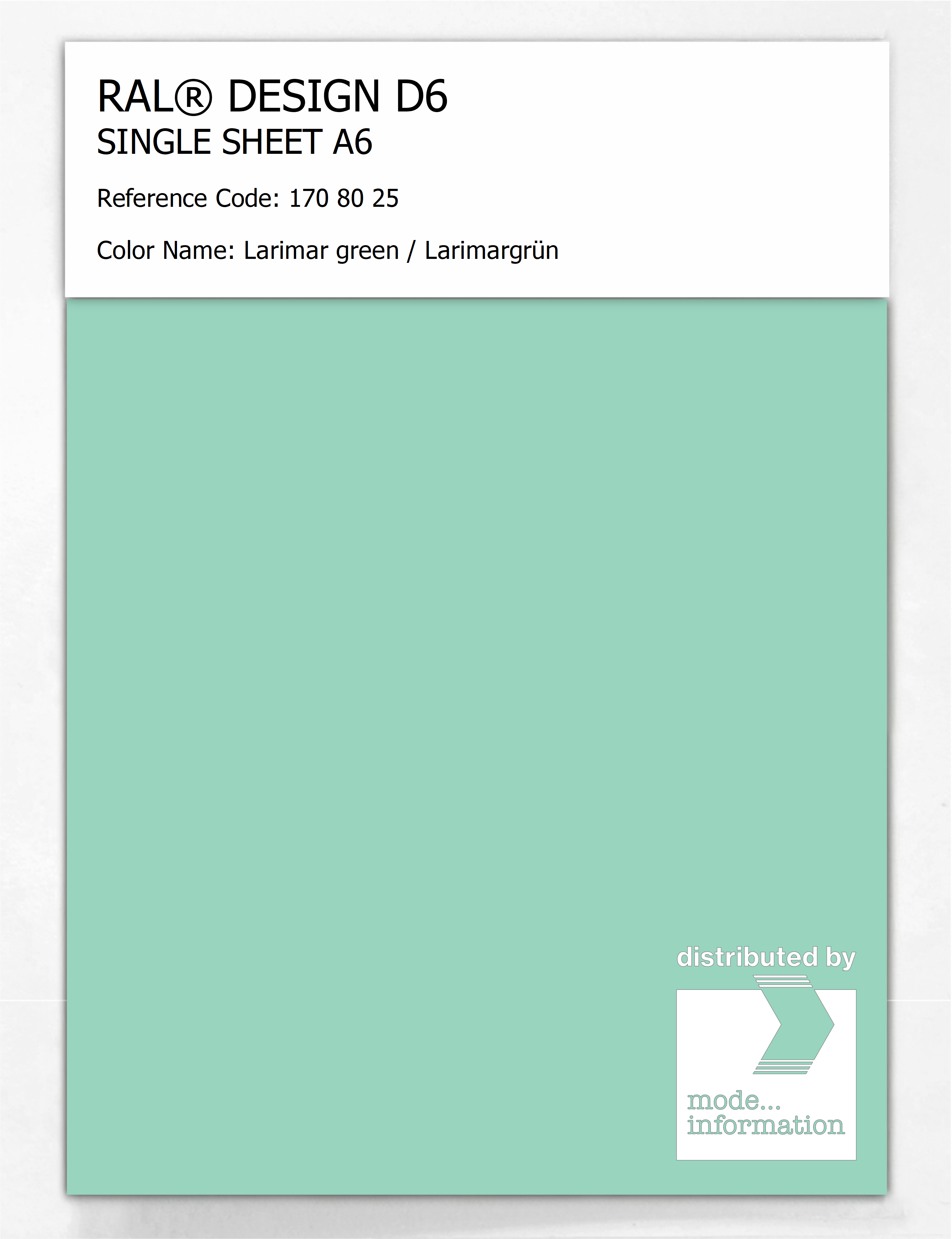 Product image 1 of the product “RAL® DESIGN D6 SINGLE SHEET A6 170 80 25 Larimar green / Larimargrün ”